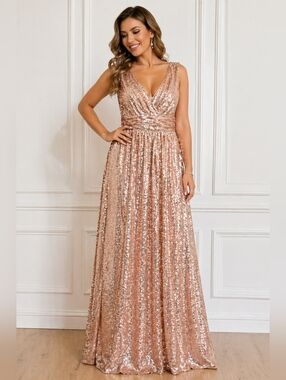 Kate Kasin Rose Gold Sequin Evening Gown Size 12 Formal Maxi Dress Sleeveless.